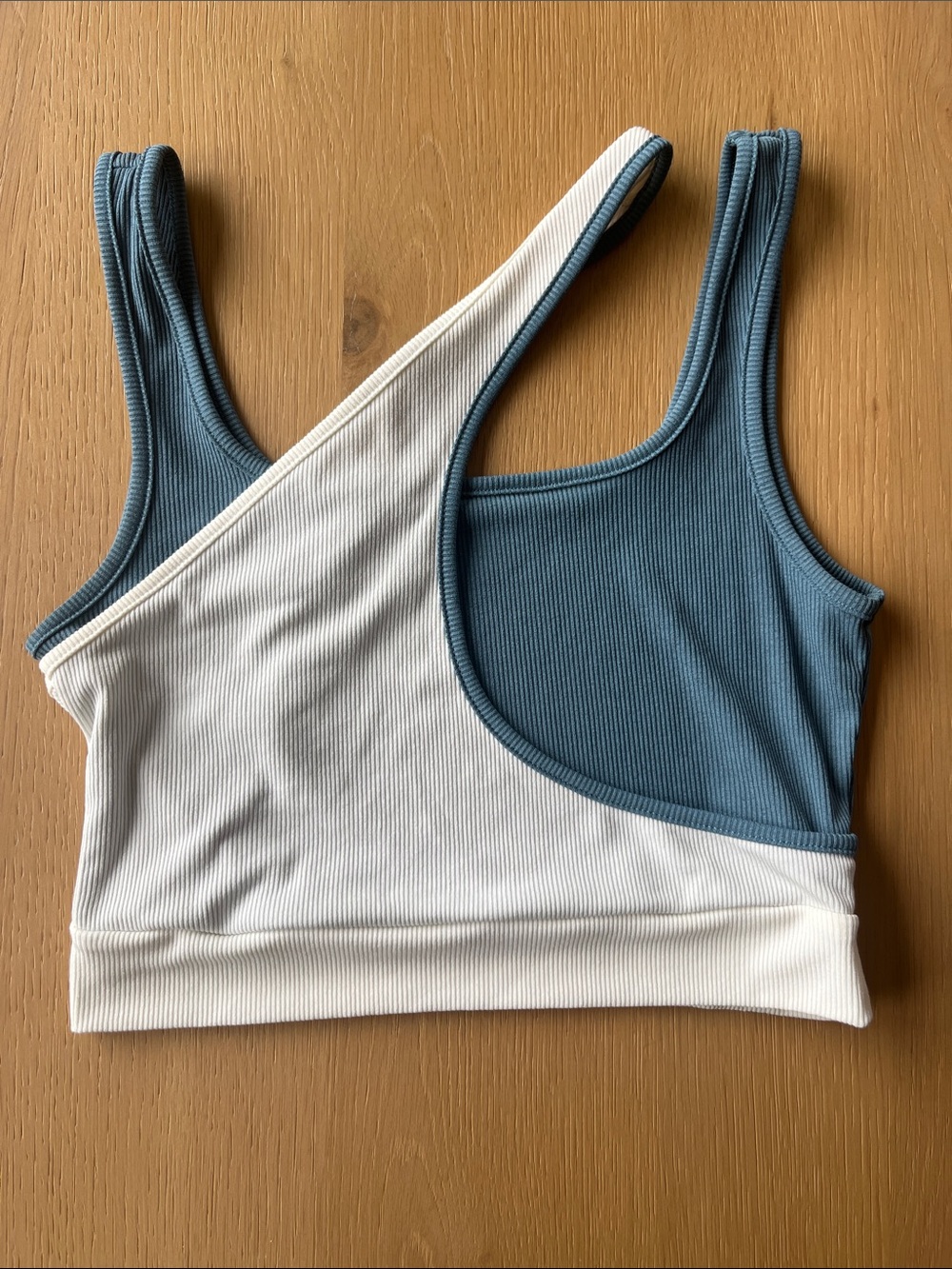 Cider Ribbed Asymmetric Two-Tone Sports Bra in Blue and White